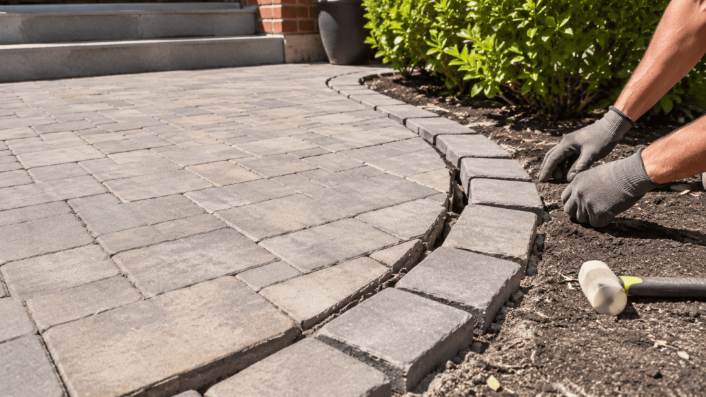 Workers repairing a sunken paver walkway edge in bright sunlight to fix shifting borders and stabilize the paved surface