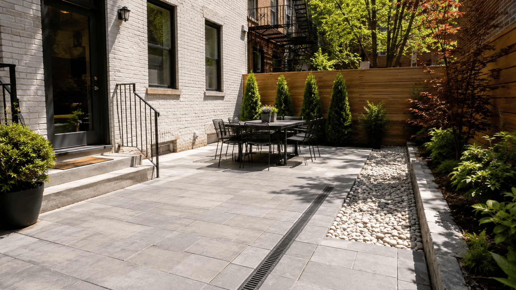 Sunlit NYC backyard paver patio with clean drainage design, showing a well-graded surface that helps prevent pooling water