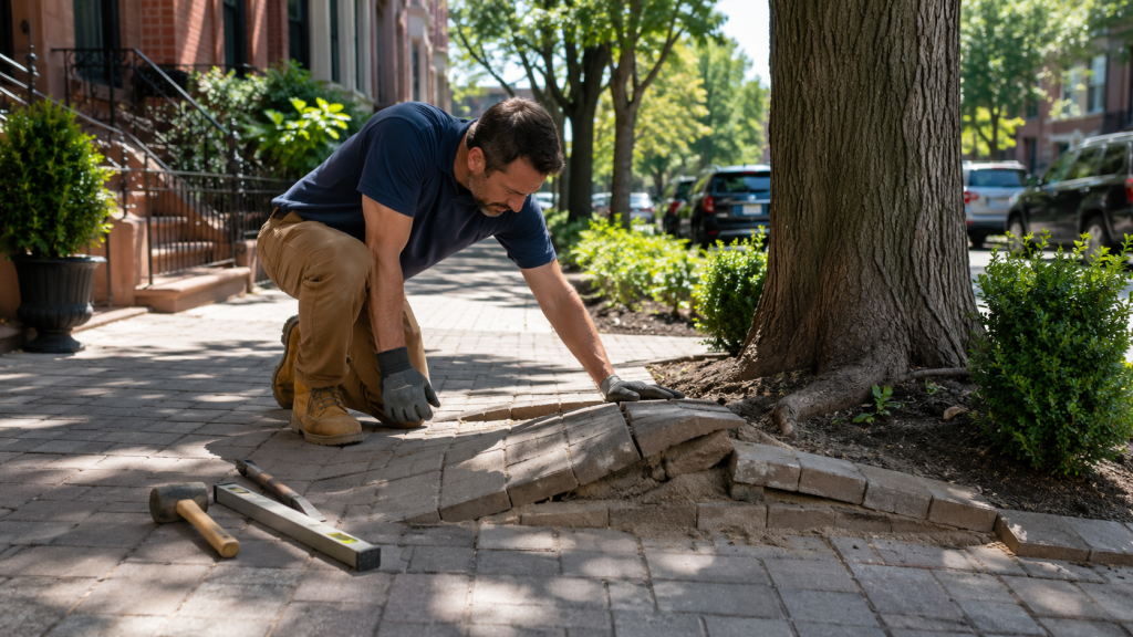 Contractor repairing a sunlit paver walkway in an NYC yard where tree roots have lifted the pavers and created an uneven surface.