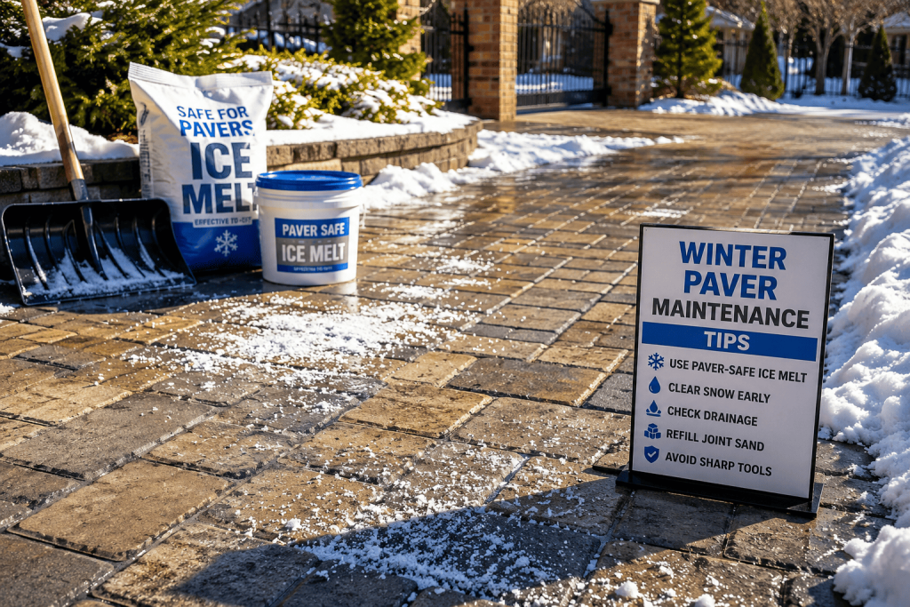 Winter paver maintenance in NYC shown on a sunlit paver walkway with snow, ice melt, and a shovel for safe winter care.