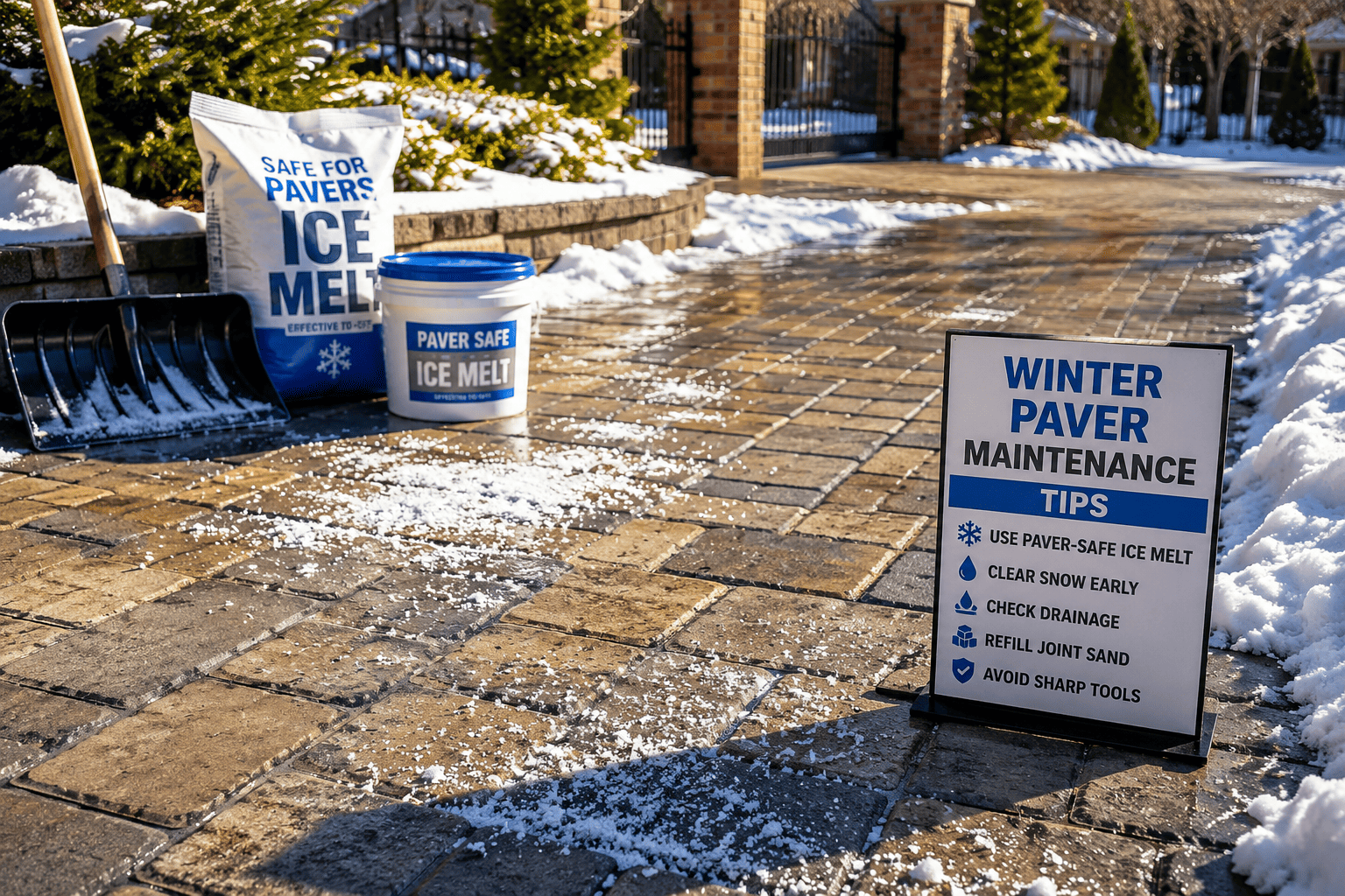 Winter paver maintenance in NYC shown on a sunlit paver walkway with snow, ice melt, and a shovel for safe winter care.