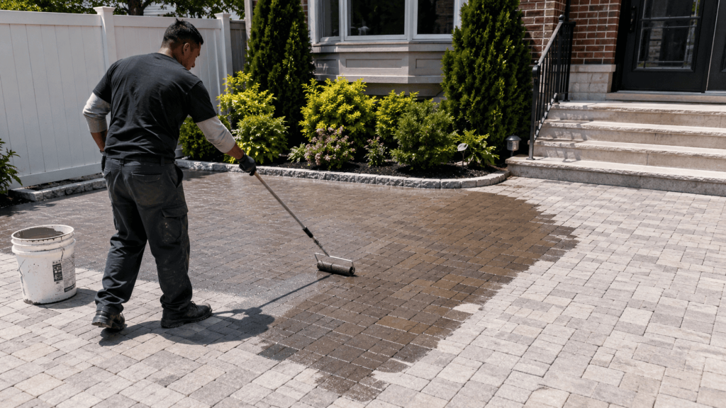 Contractor applying paver sealer to a residential driveway in bright sunlight, showing how paver sealing cost in NYC can depend on surface size and condition.
