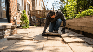 Contractor lifting raised patio pavers in an NYC backyard to inspect the base and repair uneven sections caused by movement underneath.