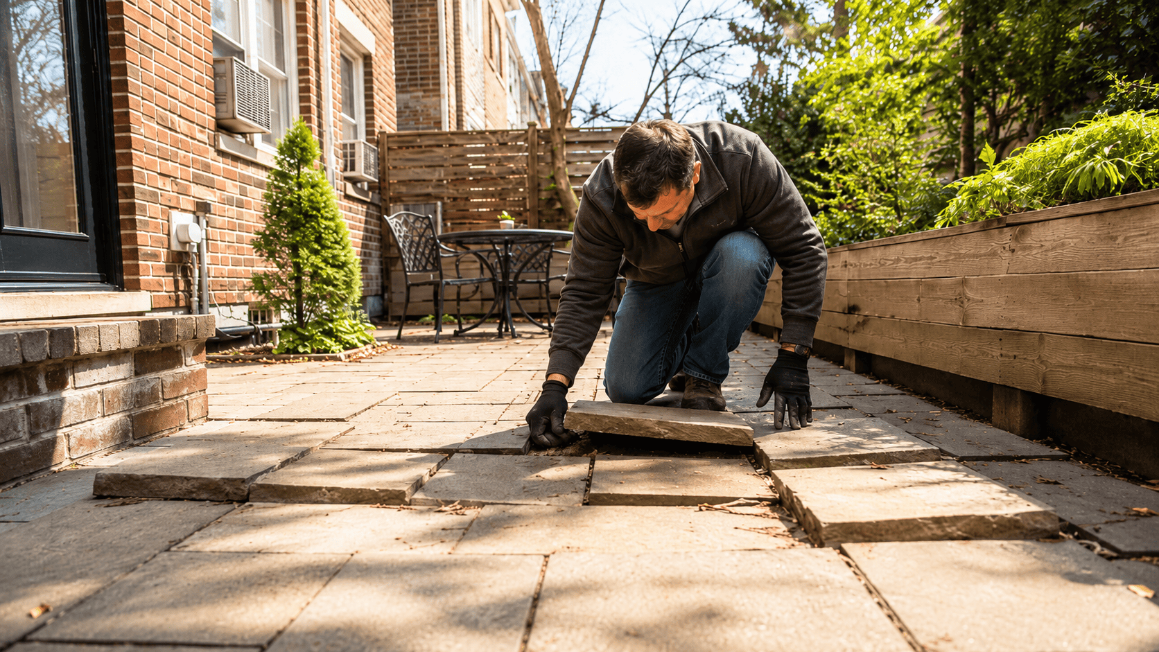 Contractor lifting raised patio pavers in an NYC backyard to inspect the base and repair uneven sections caused by movement underneath.