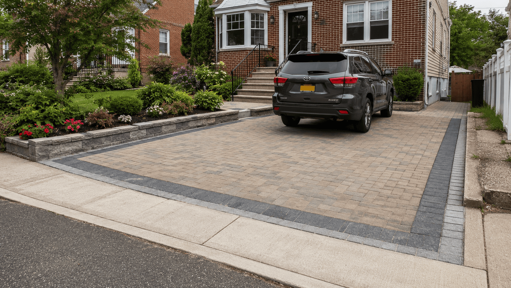 Interlocking parking pad pavers in Queens with a parked SUV, curb-cut access, clean edging, and a landscaped brick home.