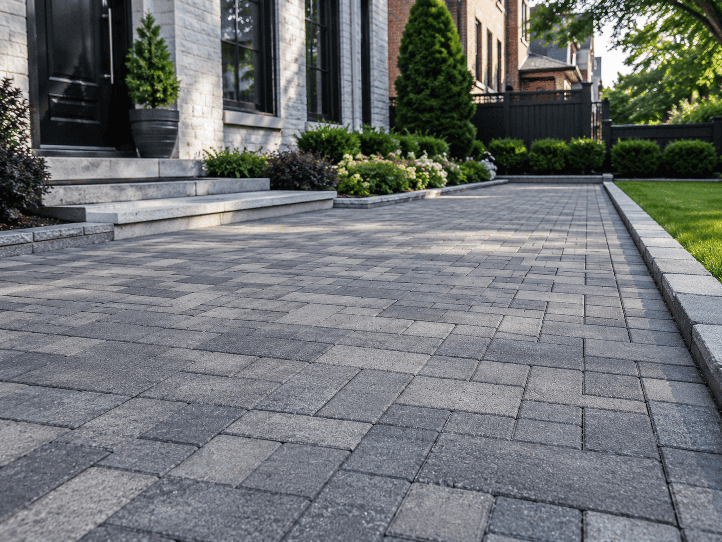 Interlocking paver driveway and entrance beside a landscaped residential property