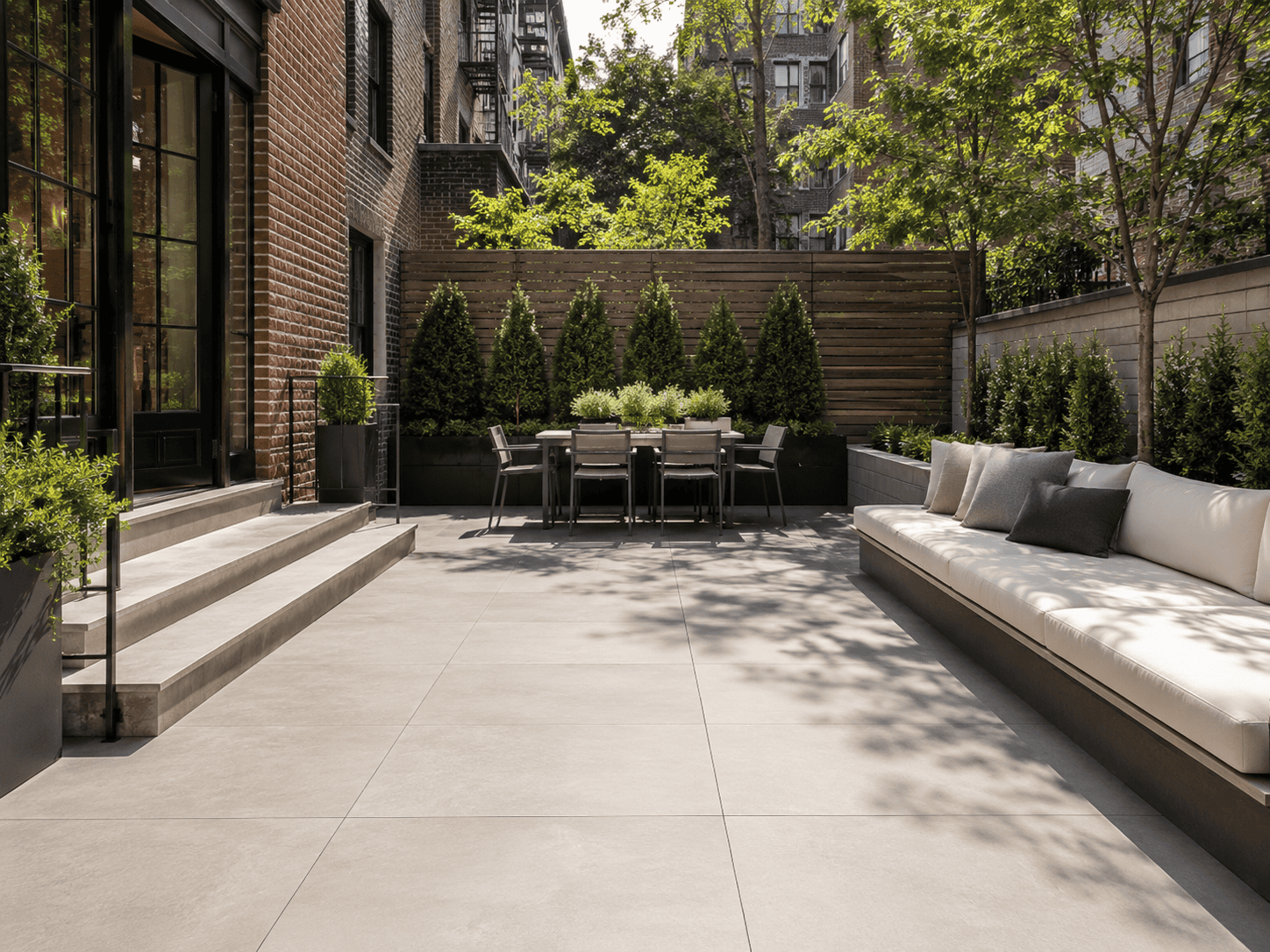 Large-format exterior tiles installed in a bright landscaped courtyard at a New York City residential property