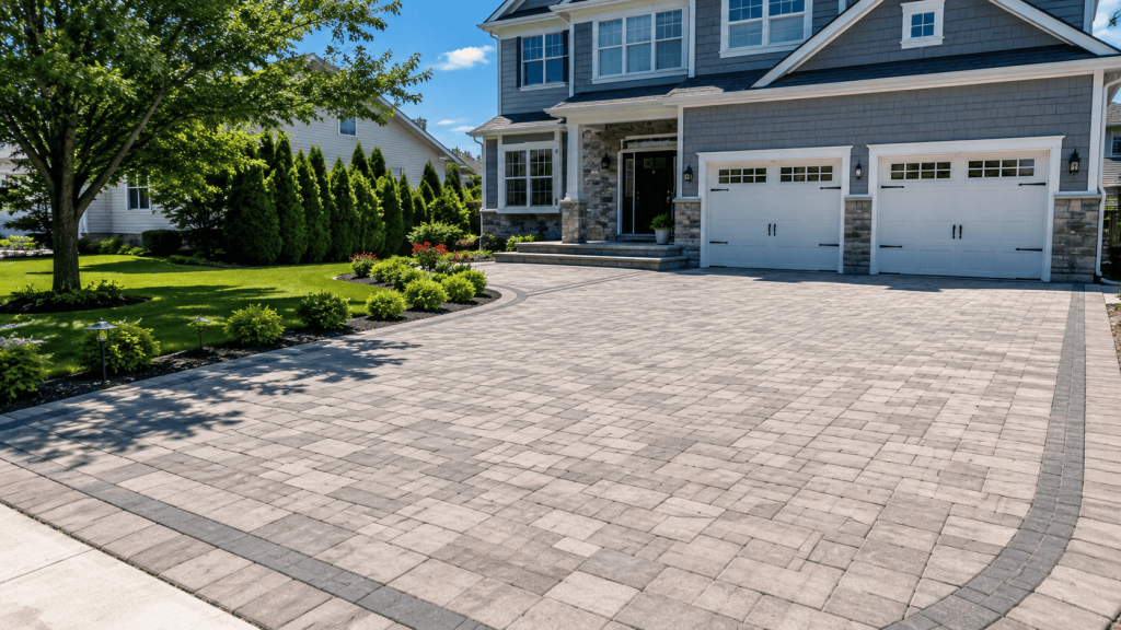 Driveway pavers in Staten Island installed in front of a suburban home, showing a large gray paver driveway with a dark border, landscaped lawn, and strong curb appeal.