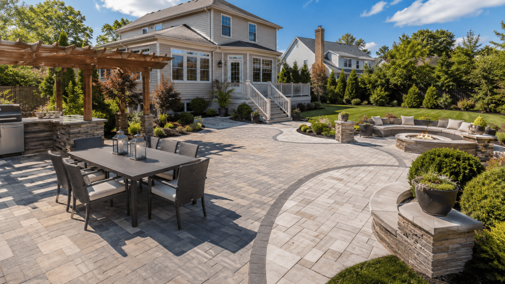 Paver patio ideas for Staten Island shown in a spacious backyard with a multi-zone patio, pergola dining area, curved stone layout, and built-in fire pit seating.