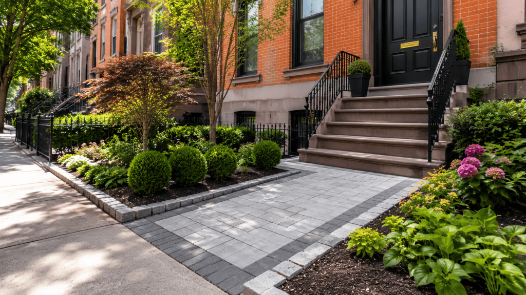 Front yard pavers in NYC installed outside a brick townhouse, showing a clean walkway, front steps, garden edging, and improved curb appeal.