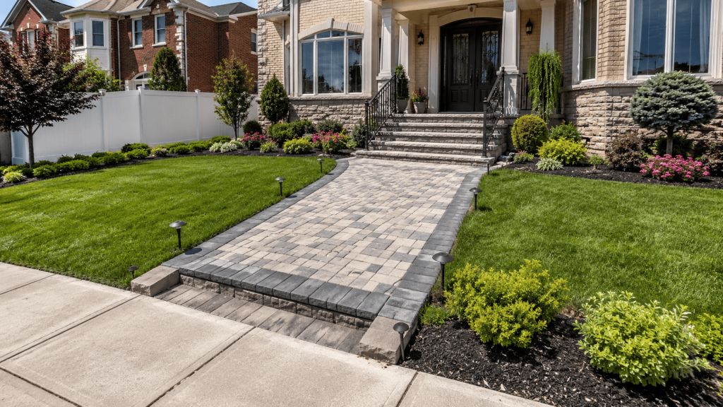 Paver walkway installation in Staten Island showing a clean stone path leading from the sidewalk to a landscaped home entrance with front steps and curb appeal.
