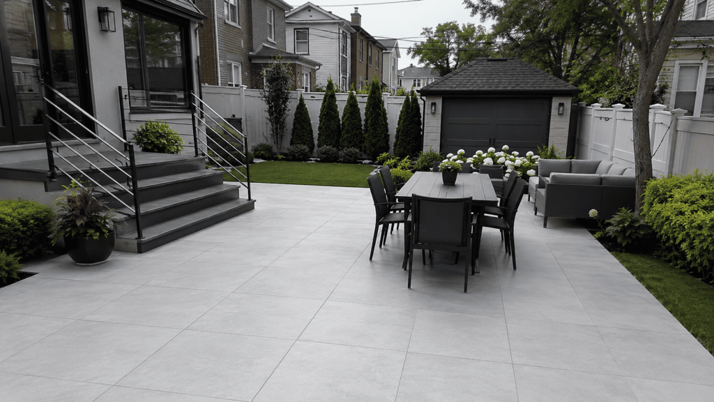 Porcelain pavers in Queens used for a modern backyard patio with large-format light gray tiles, outdoor dining furniture, greenery, and a clean low-maintenance design.