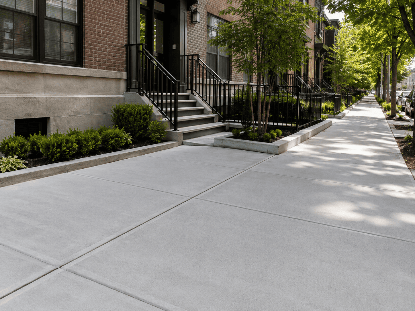 Finished concrete sidewalk with clean control joints beside New York City townhouses