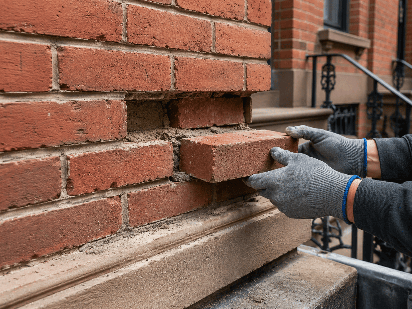 Brick replacement work with a replacement brick being installed into a residential masonry wall