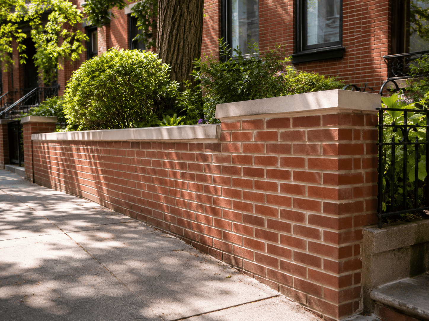 Completed residential brick wall with clean mortar joints at a landscaped New York property