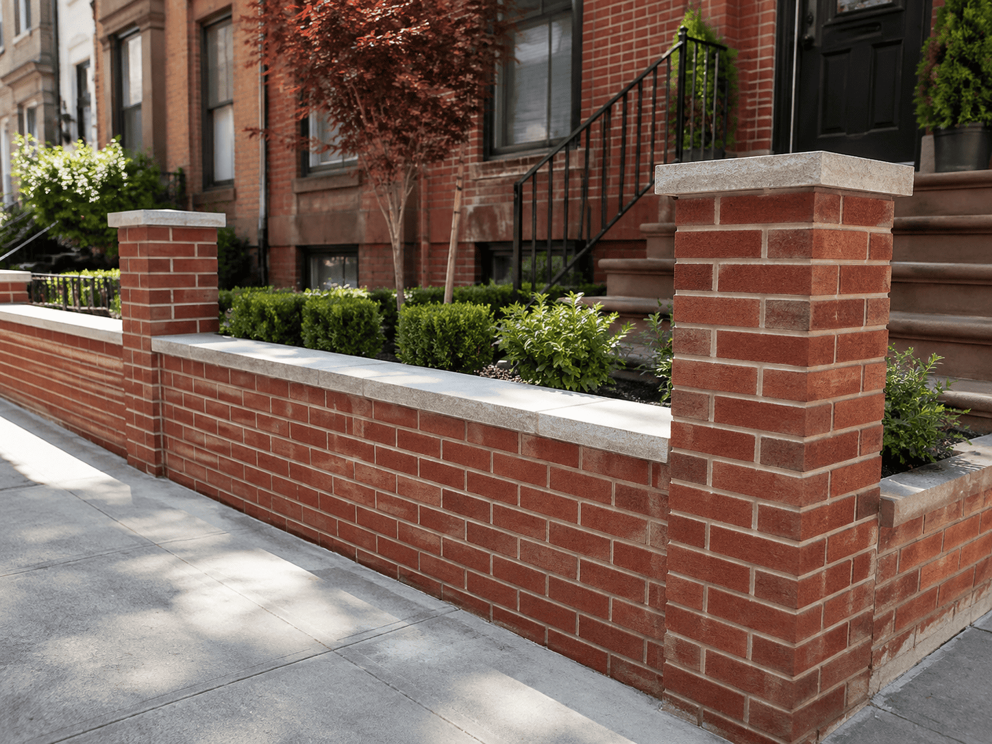 New brick wall and masonry columns installed at a residential New York City property