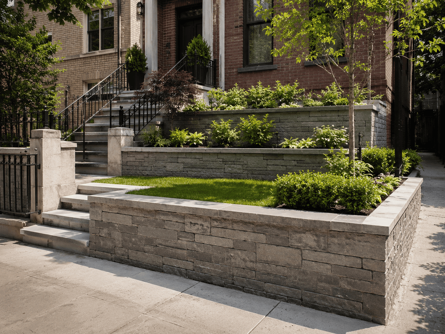 Segmental block retaining wall with tiered landscaping at a New York City residential property