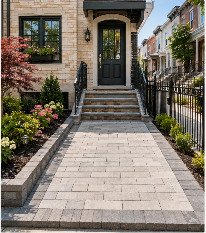 Paver walkway and front entrance at a Queens residential property with landscaped outdoor space