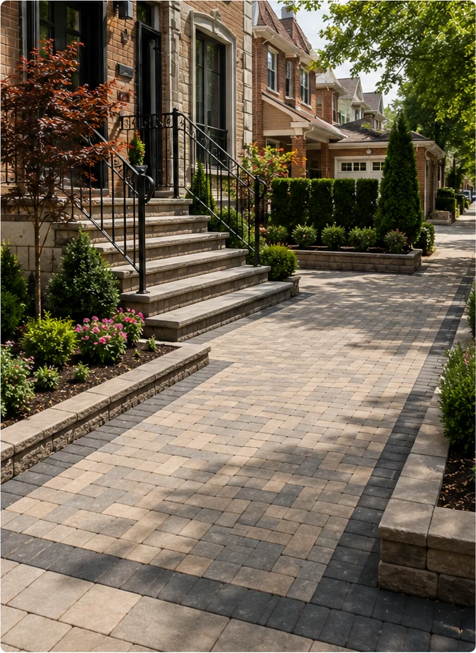 Paver walkway and entrance at a Brooklyn-style residential property with landscaped outdoor space