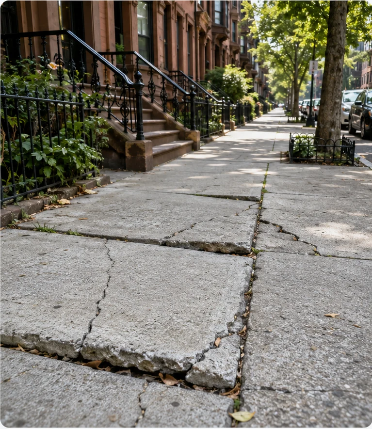 Cracked and uneven concrete sidewalk outside NYC brownstone properties requiring DOT sidewalk violation repair