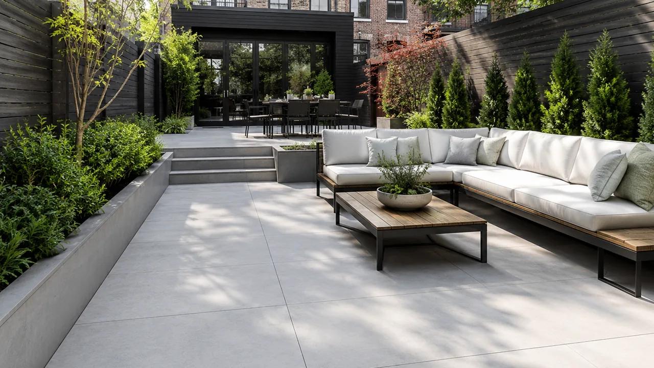 Large-format porcelain paver patio in a landscaped urban townhouse backyard