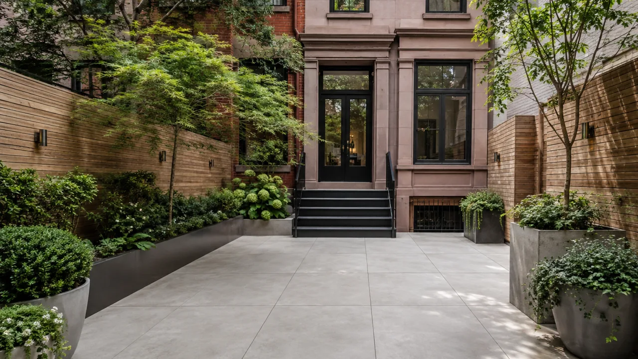 Large-format porcelain pavers installed in a landscaped townhouse courtyard