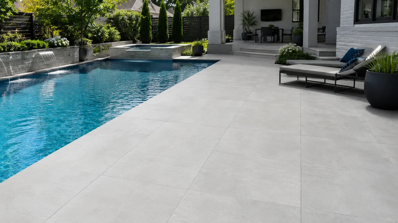Light gray porcelain pavers installed around a modern residential swimming pool