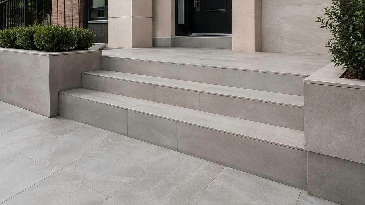 Exterior steps and landing finished with coordinated large-format porcelain pavers