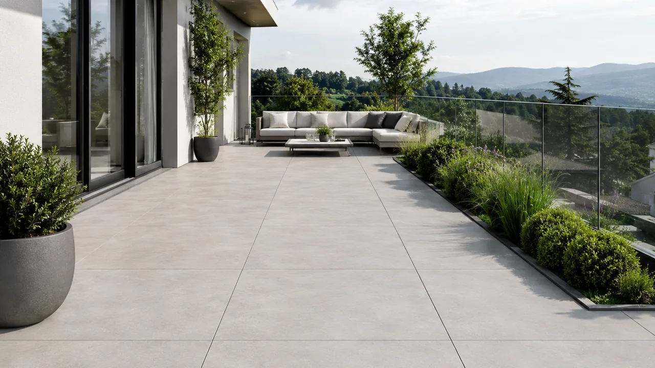 Modern outdoor terrace finished with large-format light gray porcelain pavers