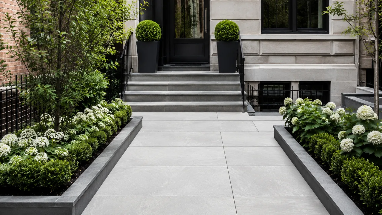 Large-format porcelain paver walkway leading to a residential townhouse entrance