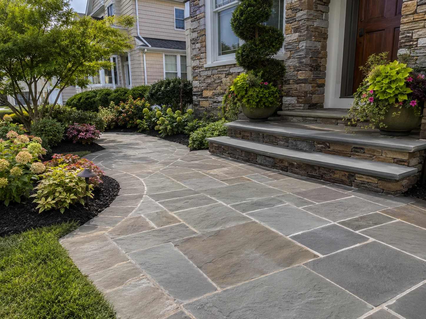 Natural stone paving and front entrance at a St. George Staten Island property