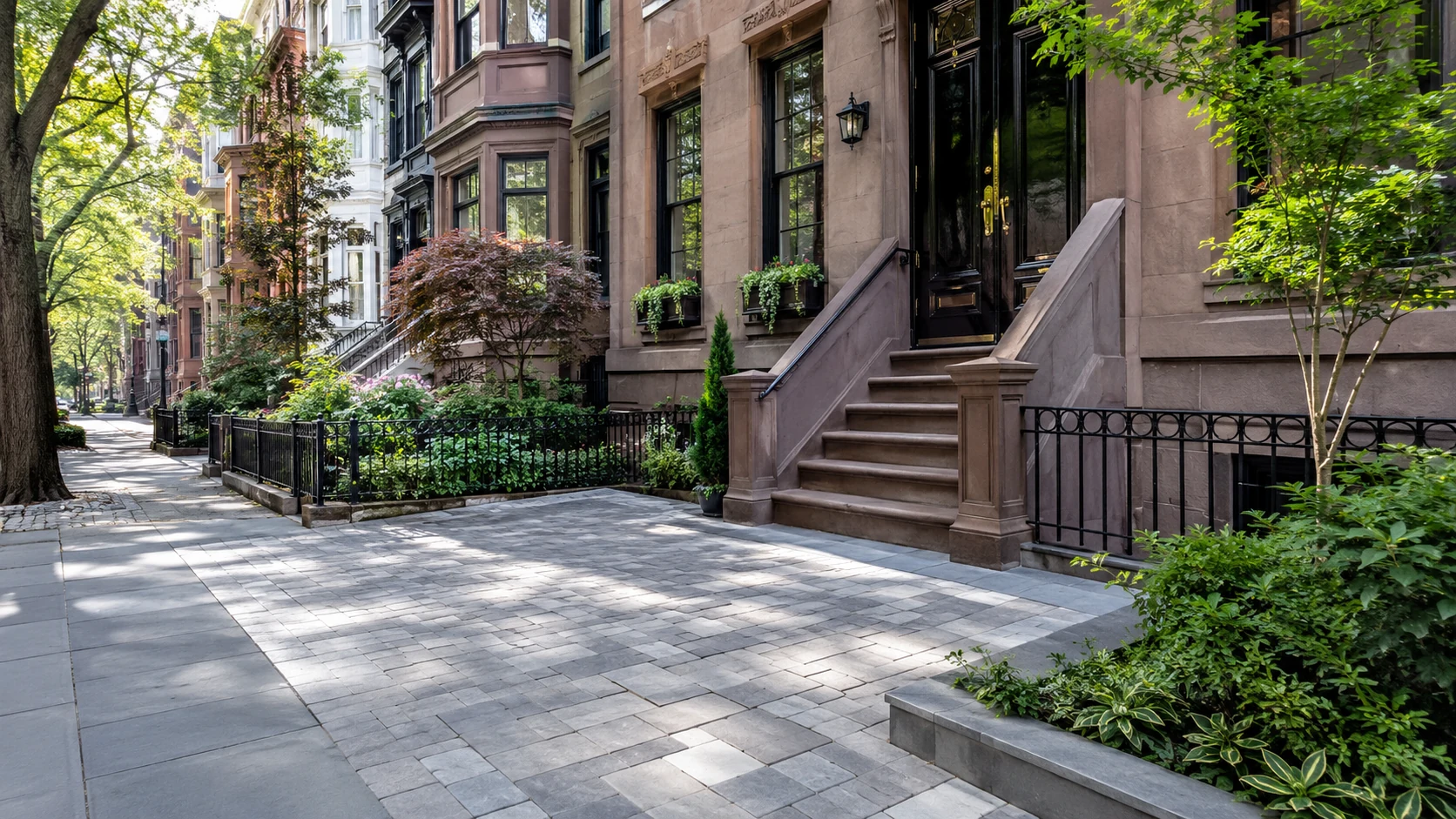 Paver walkway and townhouse entrance in the Upper East Side, Manhattan