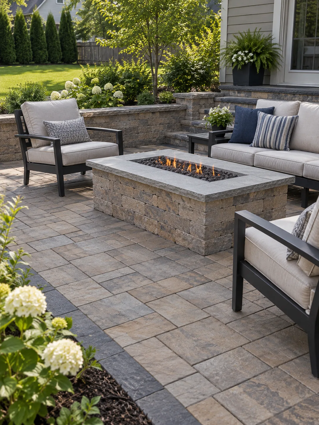 Residential paver patio with outdoor seating, fire pit and landscaped lawn