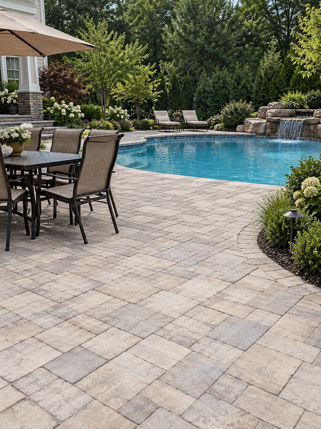 Landscaped gray paver patio with swimming pool, outdoor dining area and retaining wall details