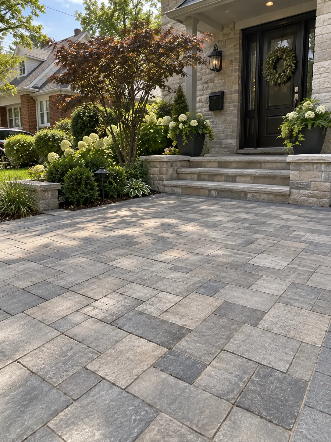Premium gray interlocking paver driveway with landscaped residential entrance