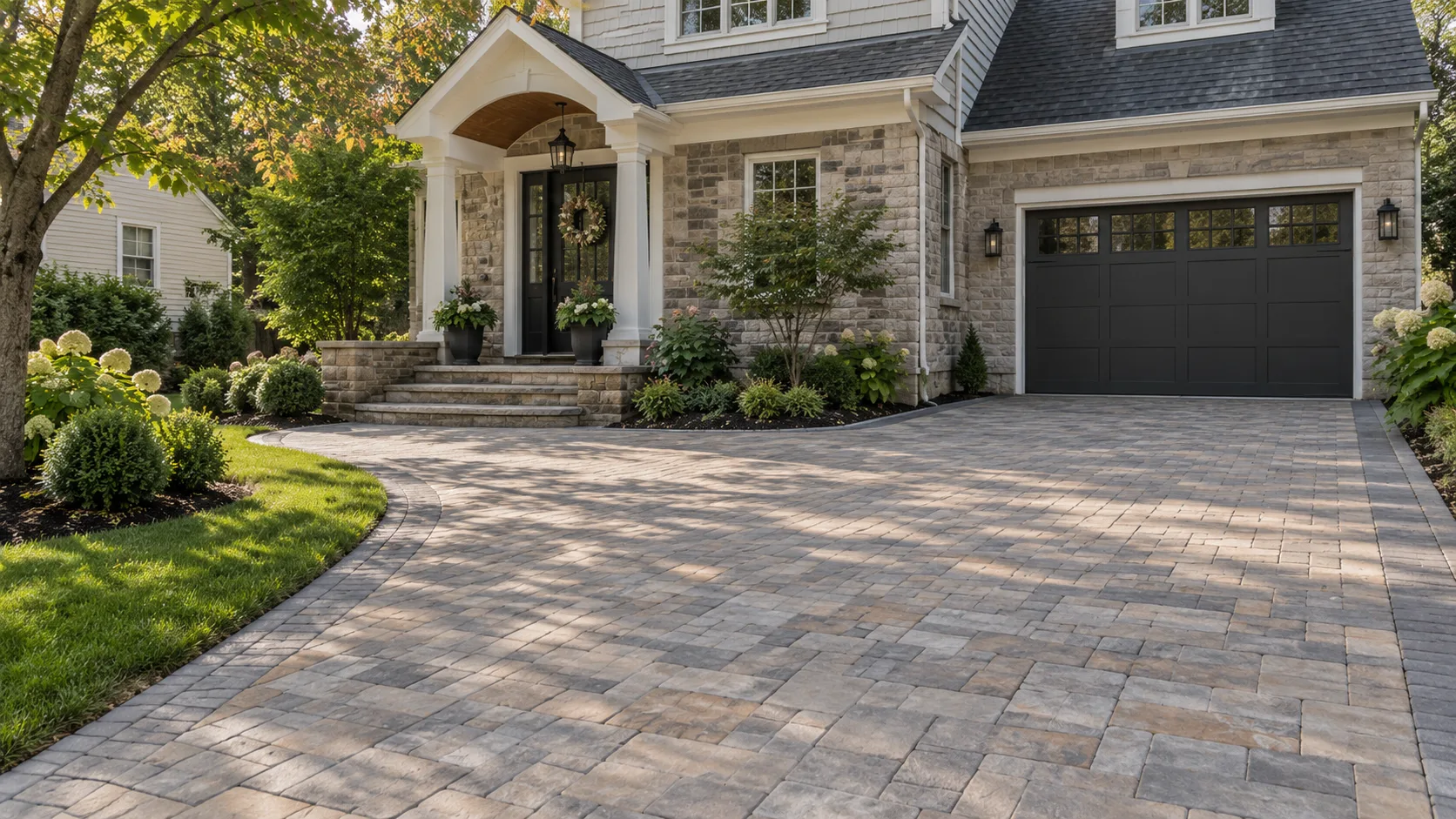 Gray interlocking paver driveway at a landscaped residential entrance
