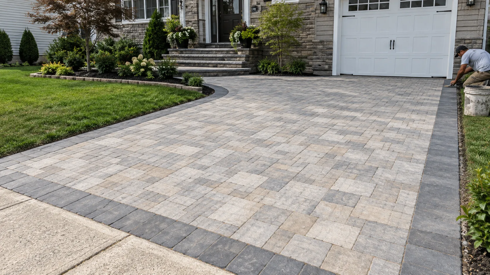 Gray interlocking paver driveway at a landscaped residential property