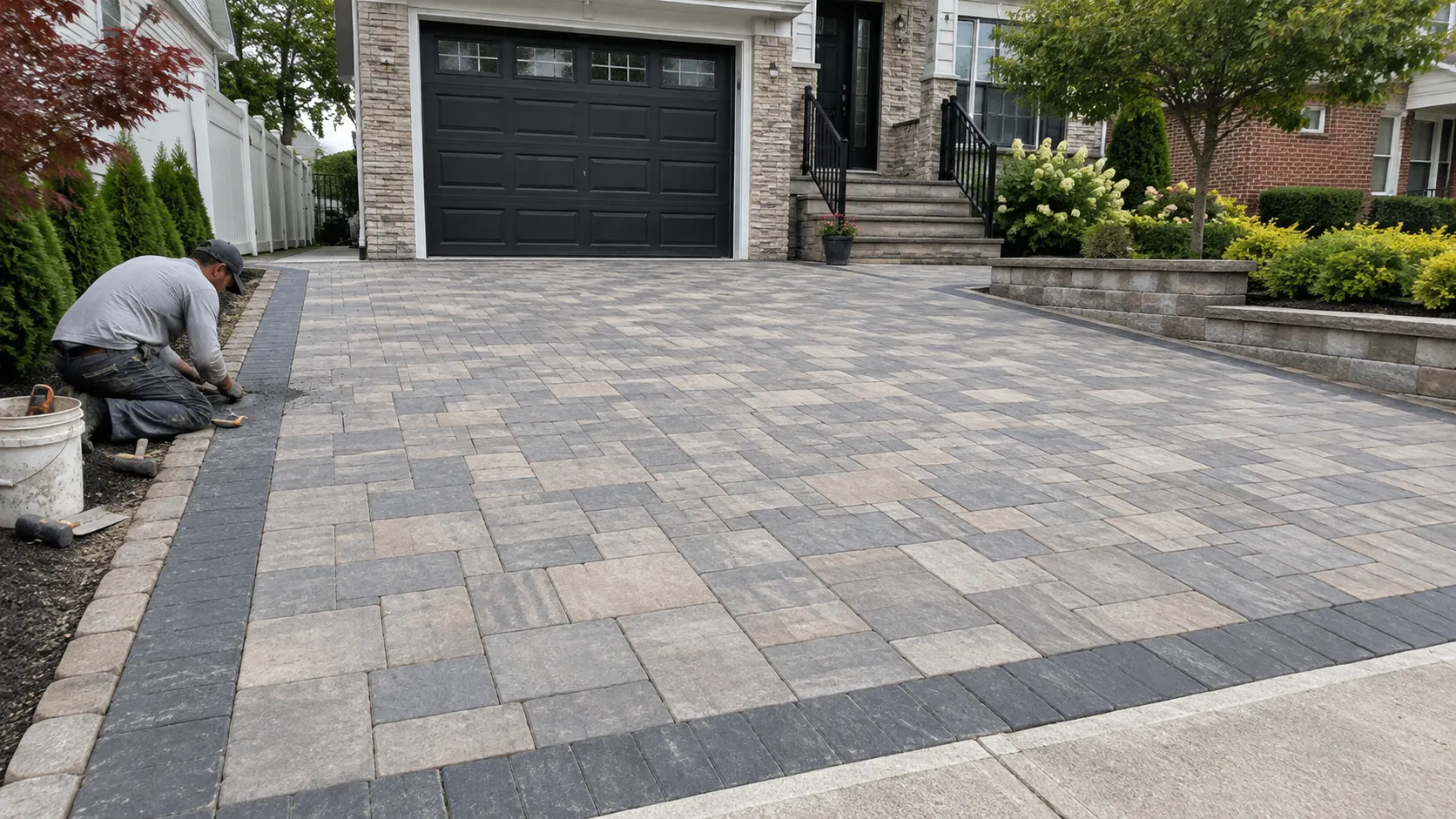 Gray interlocking paver driveway in front of a landscaped residential property