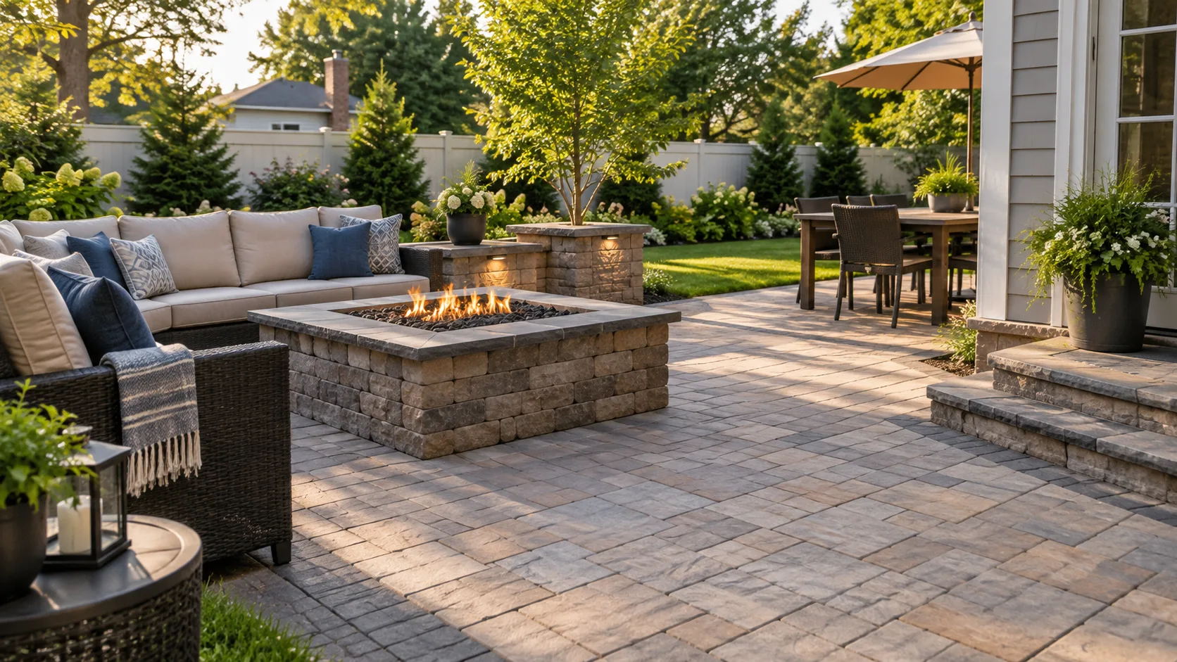 Residential paver patio with outdoor seating and landscaped lawn