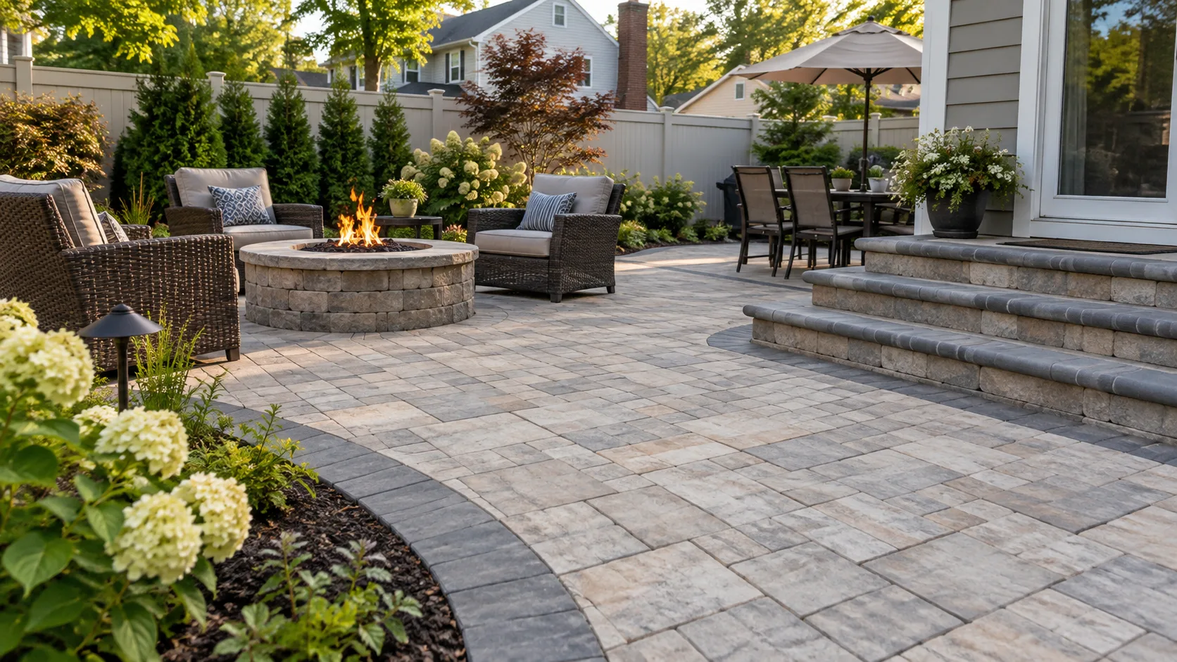 Landscaped paver patio with circular seating area and contrasting border details