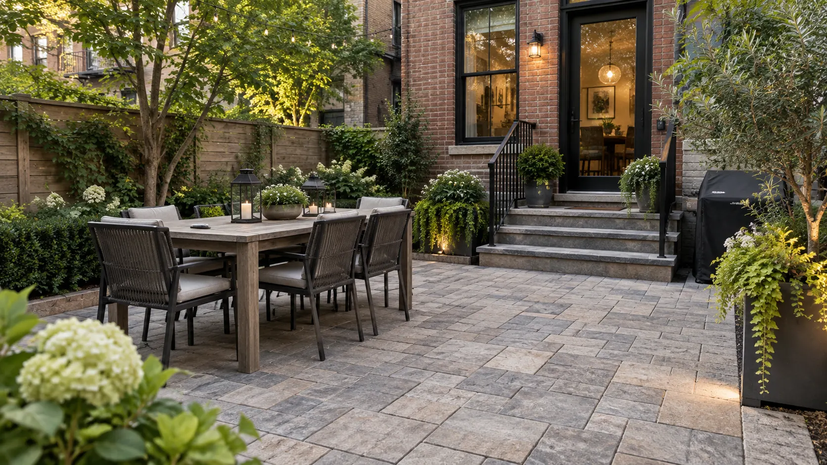 Landscaped paver patio with circular seating area and contrasting borders