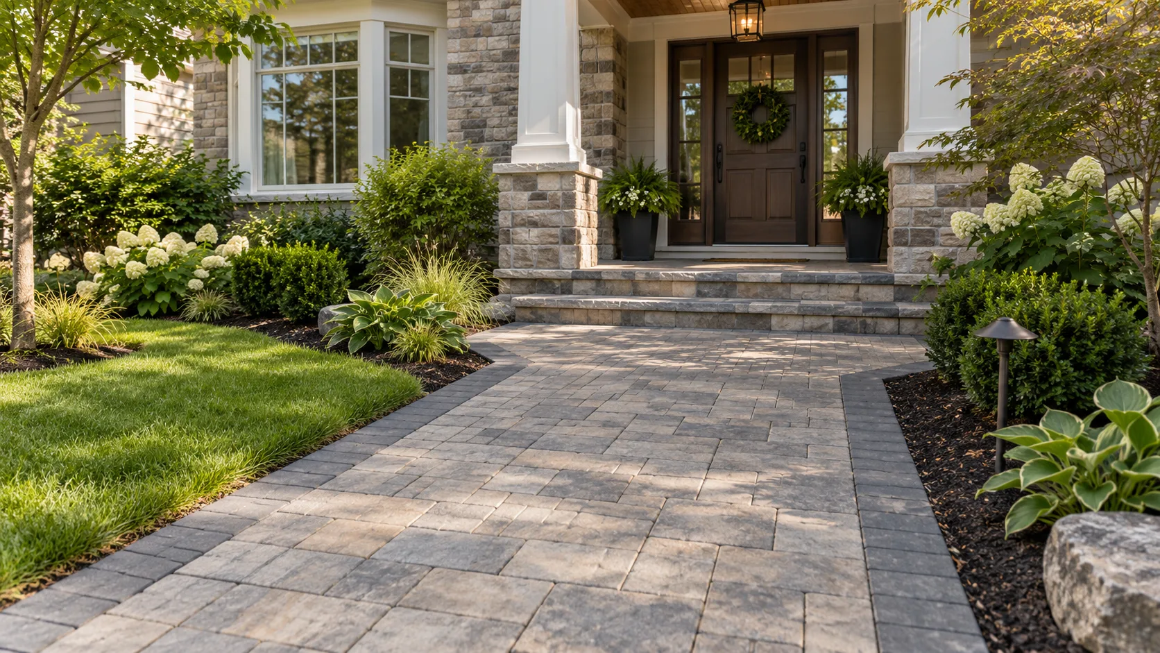 Patterned interlocking paver walkway through landscaped residential grounds