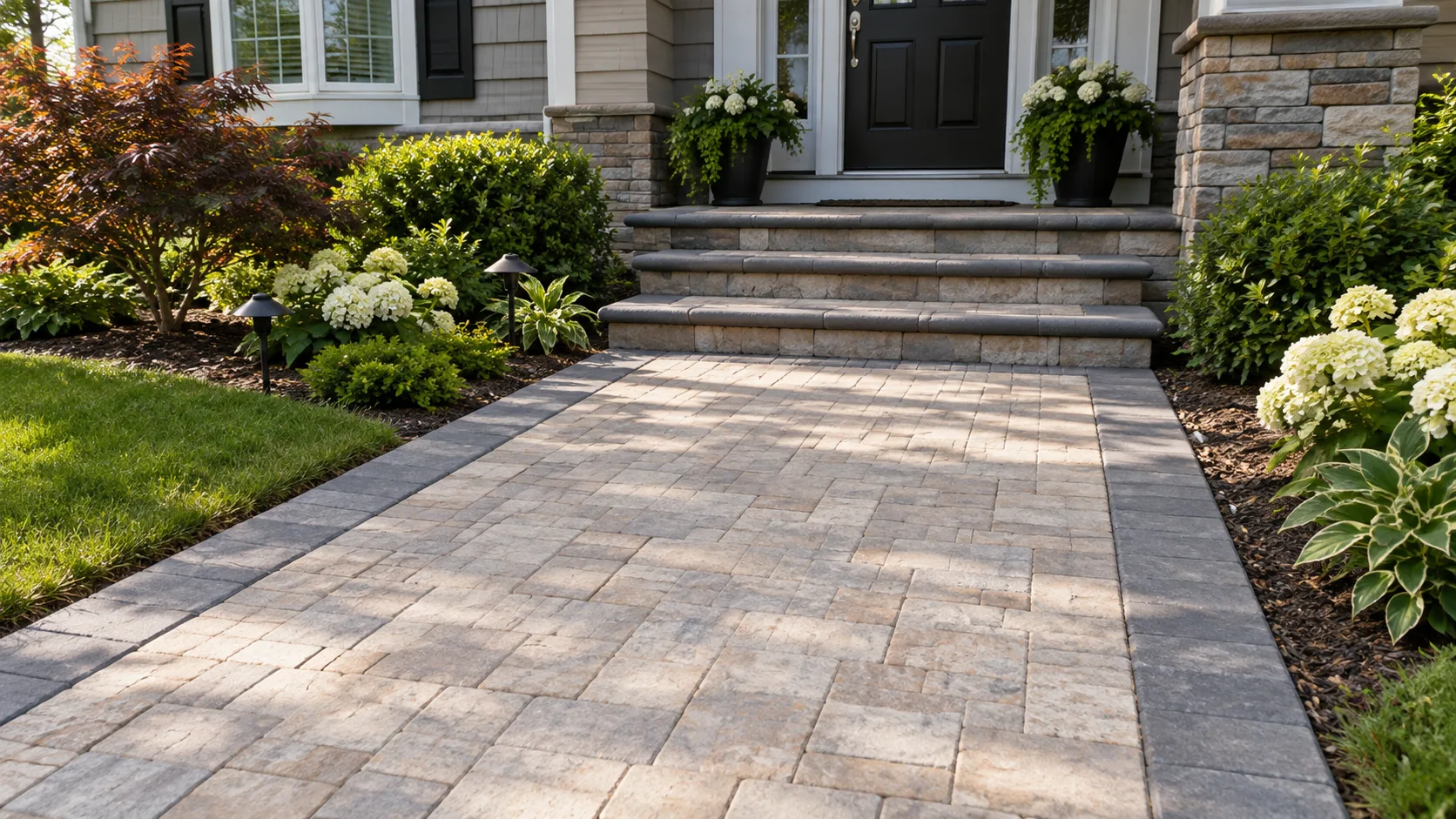 Patterned interlocking paver walkway through landscaped grounds