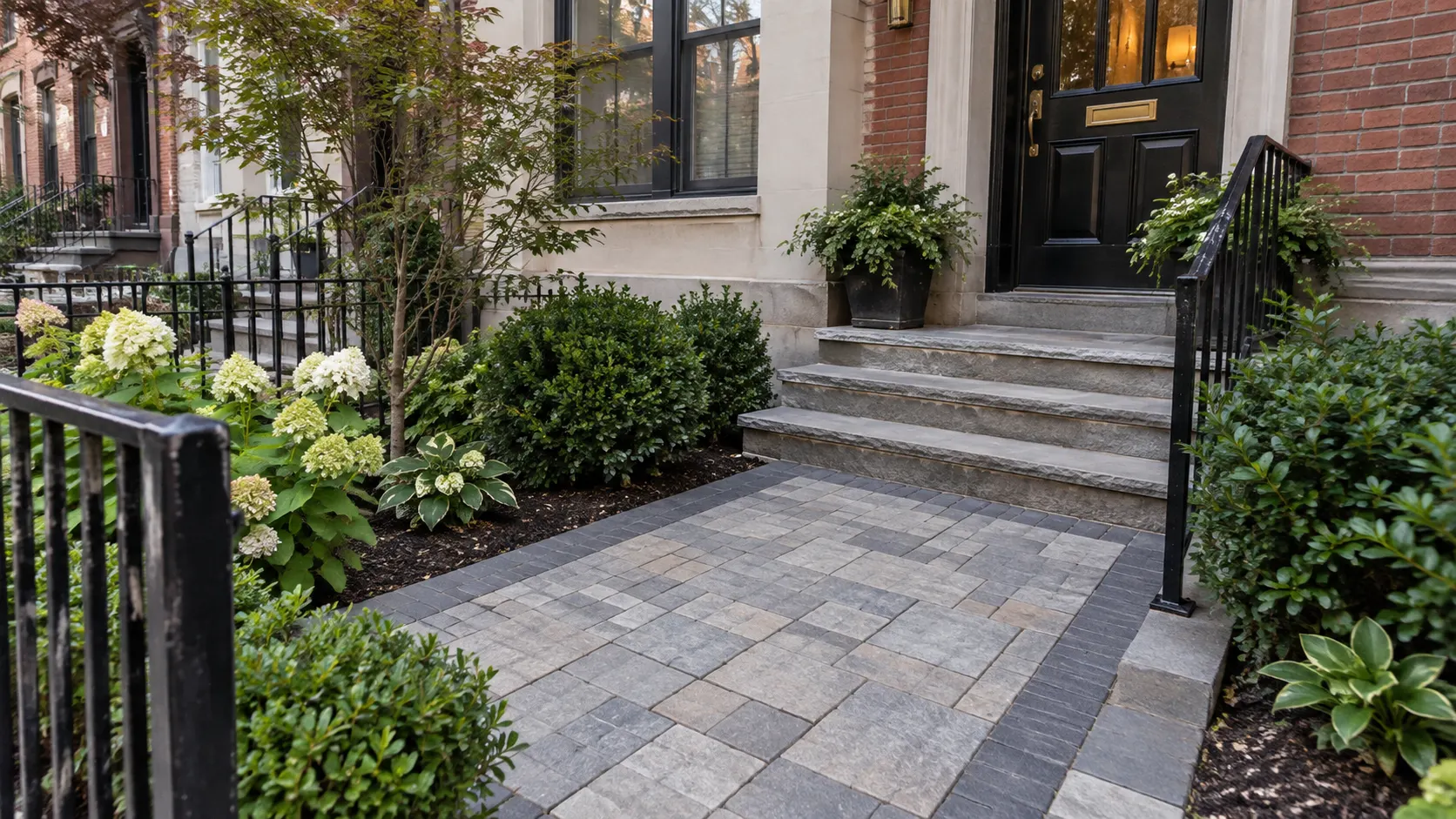 Patterned interlocking paver walkway through a landscaped residential property
