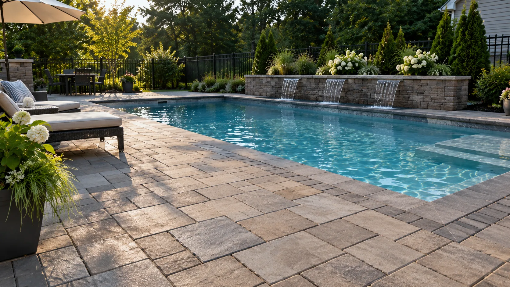 Landscaped swimming pool area with paved outdoor surfaces and seating