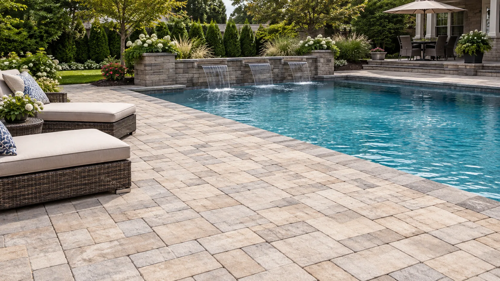 Landscaped swimming pool surround finished with outdoor pavers