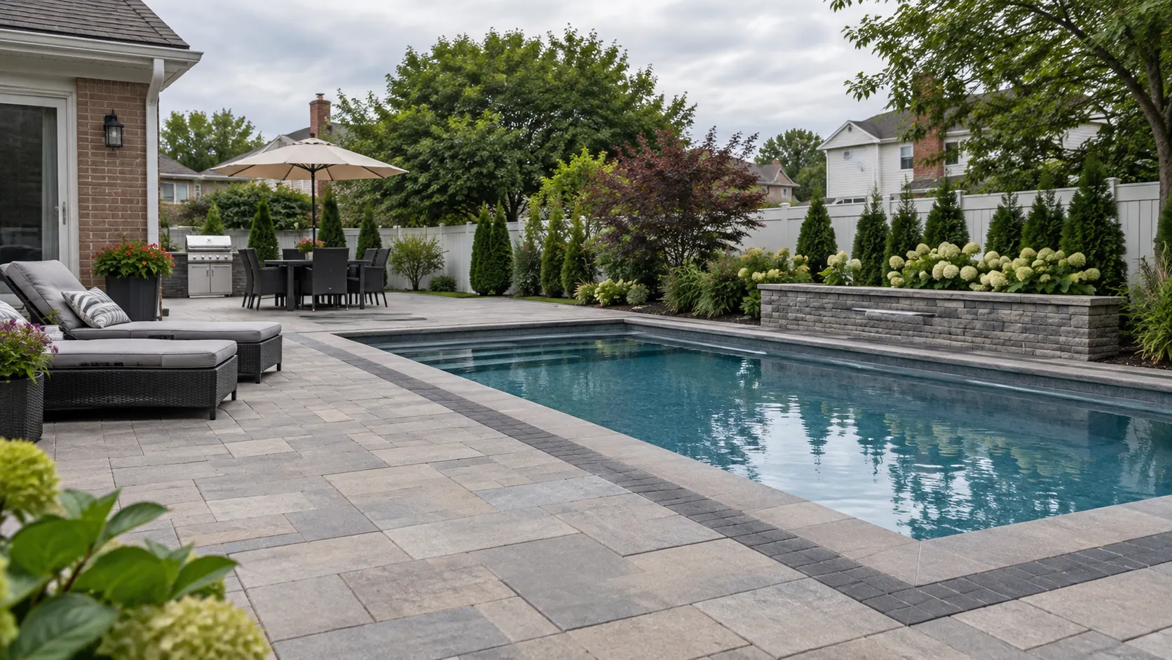 Paver pool surround with landscaped outdoor living area