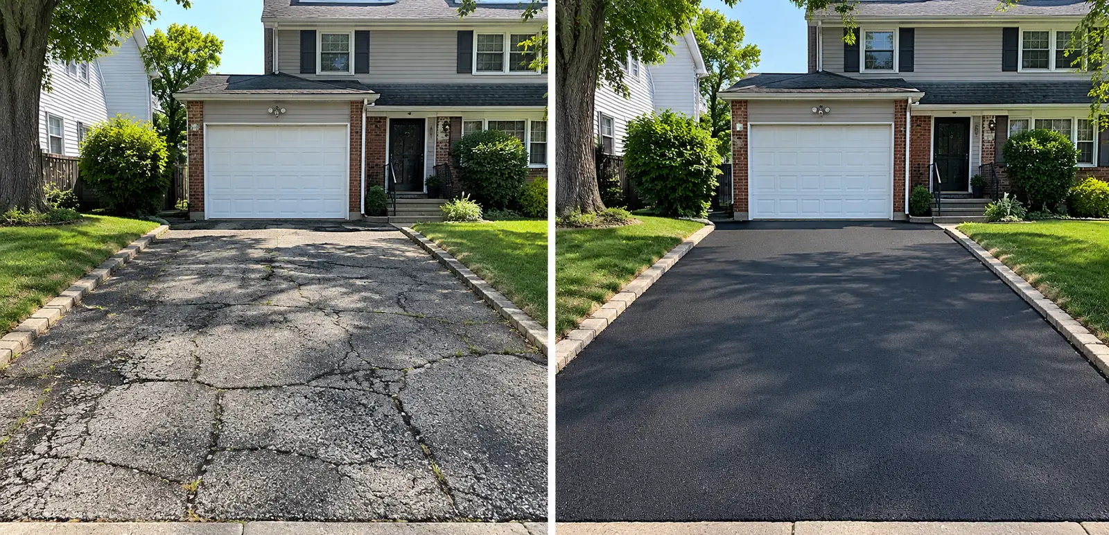 Before and after asphalt driveway replacement at a NYC residential property