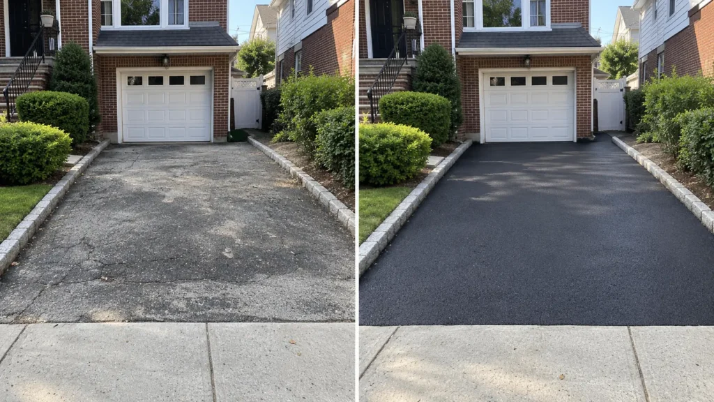 Before and after asphalt driveway resurfacing at a NYC residential property