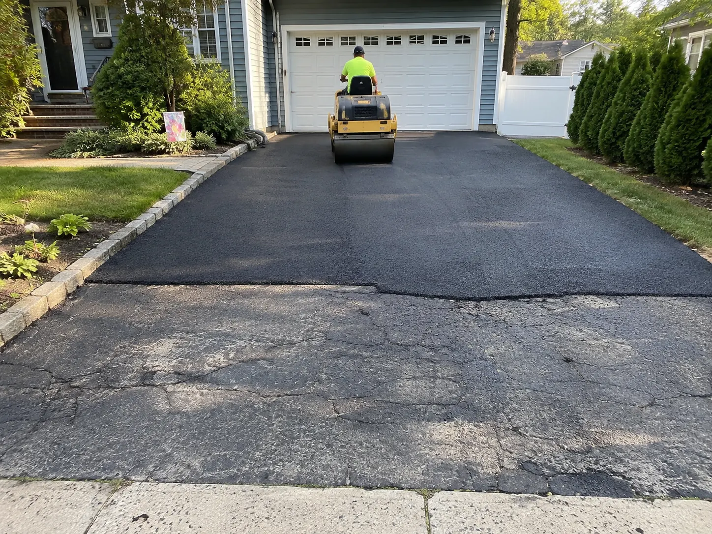 Asphalt resurfacing and overlay being applied to a residential driveway in NYC